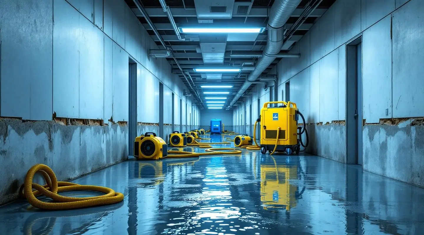 Commercial water extraction crew using industrial air movers to dry a flooded Westminster office building lobby.