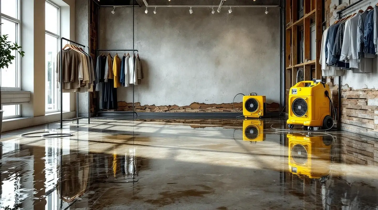 Eco Dry Restoration technicians using commercial water extractors on a flooded retail showroom floor in Westminster.