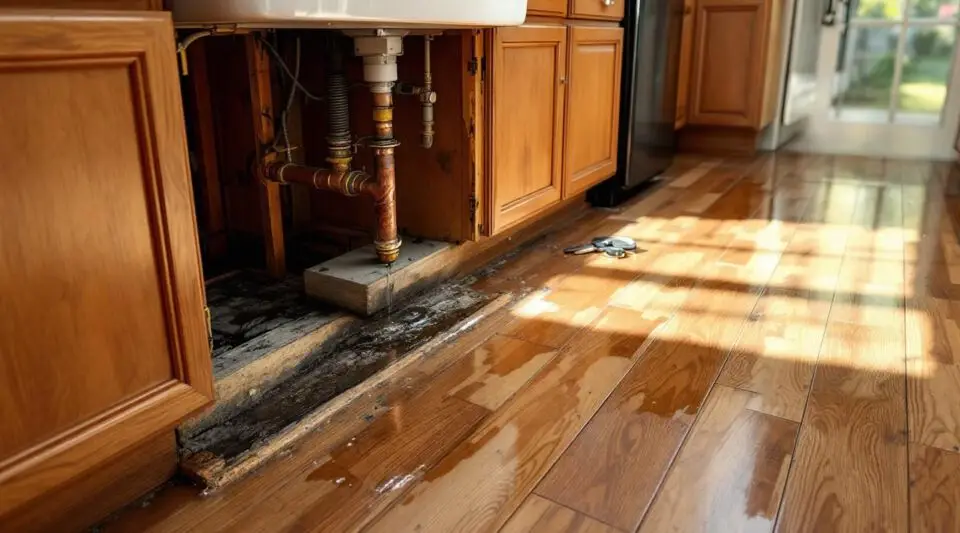 Eco Dry Restoration technician using a moisture meter to inspect damp kitchen cabinets after a leak in Westminster