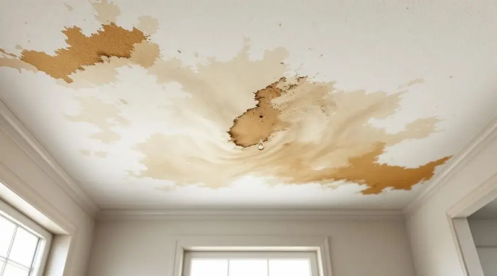 Technician using a moisture meter to inspect a water-damaged ceiling in a Broomfield home.