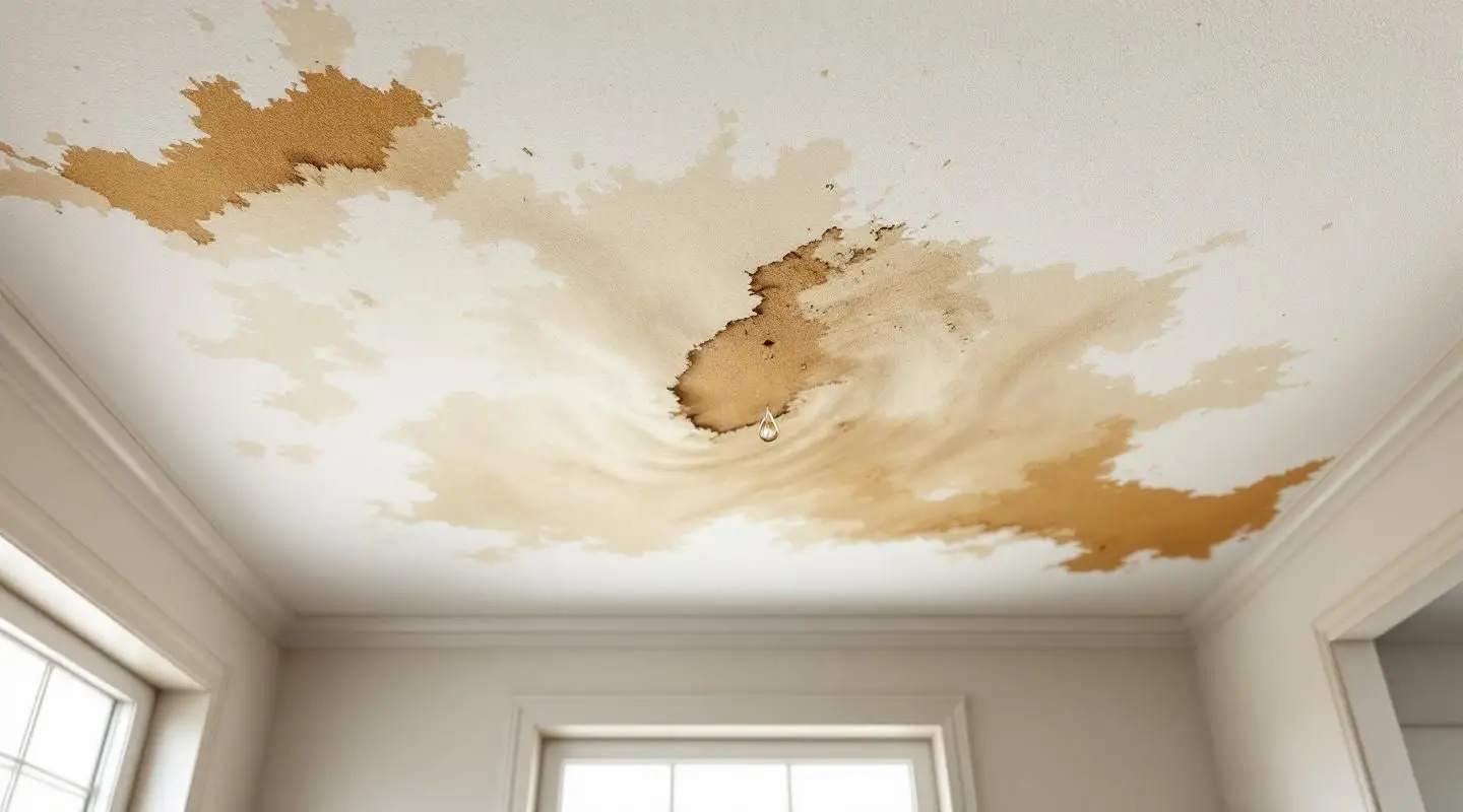 Technician using a moisture meter to inspect a water-damaged ceiling in a Westminster home.