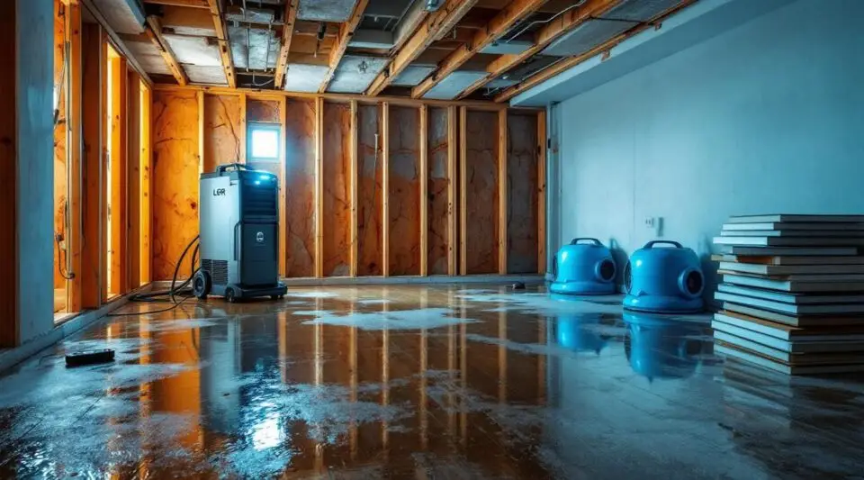 A technician setting up professional structural drying fans in a flooded Westminster home basement.