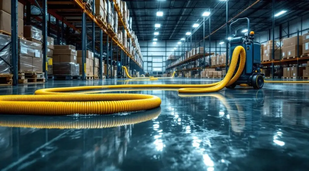 Restoration technicians operating truck-mounted water extraction equipment inside a flooded Broomfield warehouse facility.