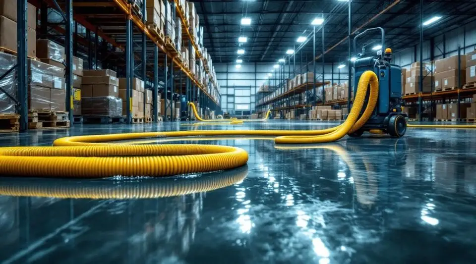 Restoration technicians operating truck-mounted water extraction equipment inside a flooded Westminster warehouse facility.