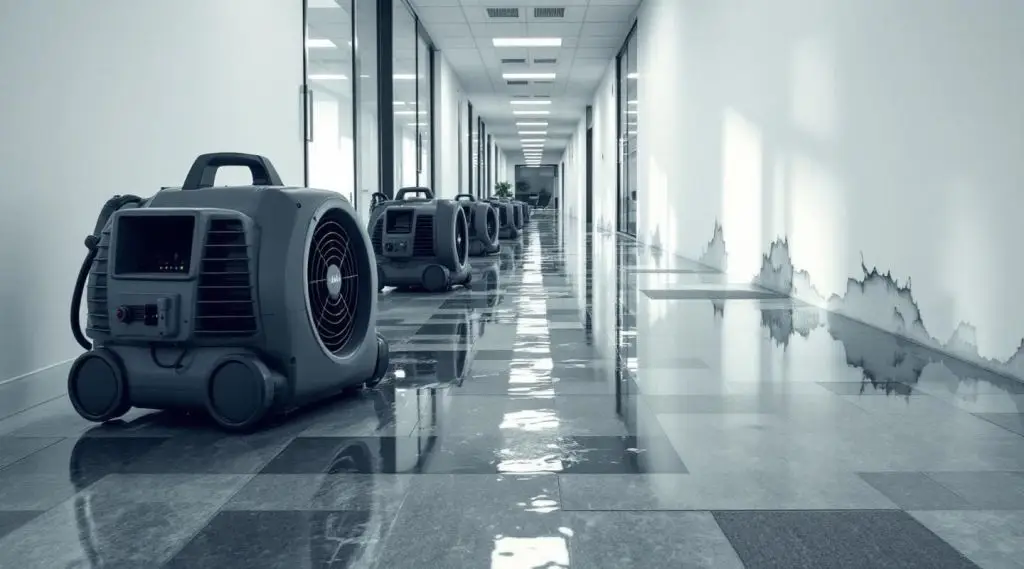 Commercial restoration crew drying a flooded office lobby floor in Broomfield using industrial air movers.