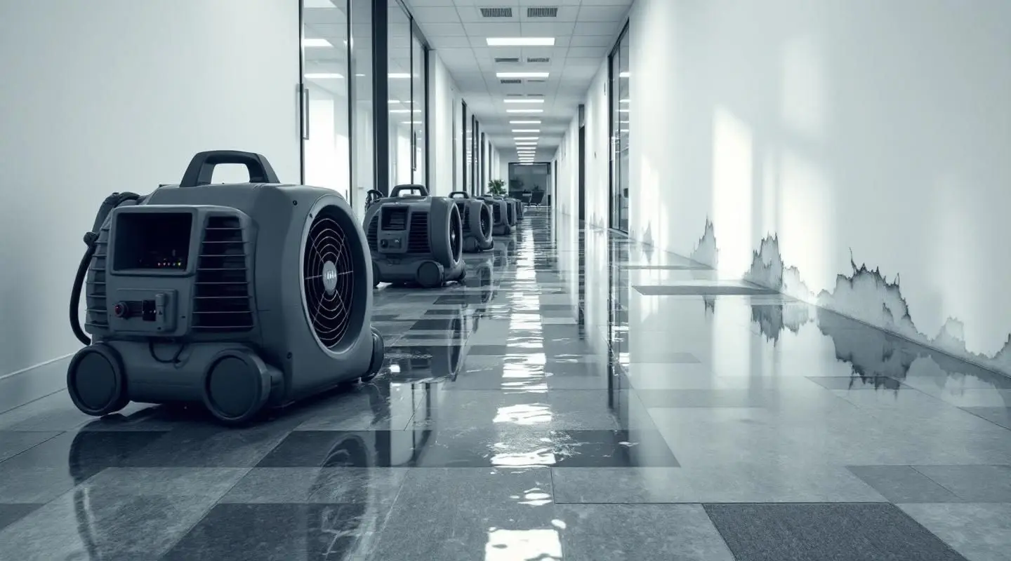 Commercial restoration crew drying a flooded office lobby floor in Westminster using industrial air movers.
