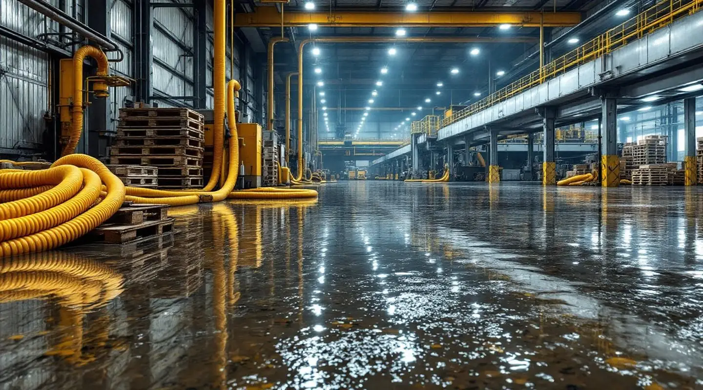 Commercial water extraction crew using truck-mounted pumps inside a flooded Westminster warehouse under bright work lights.