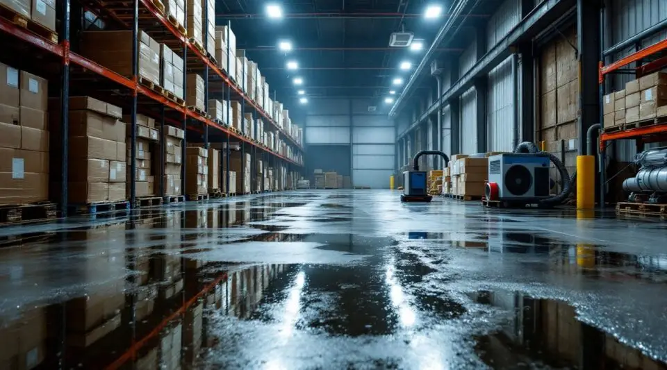 Restoration technicians using commercial water extraction equipment on a flooded concrete warehouse floor in Westminster