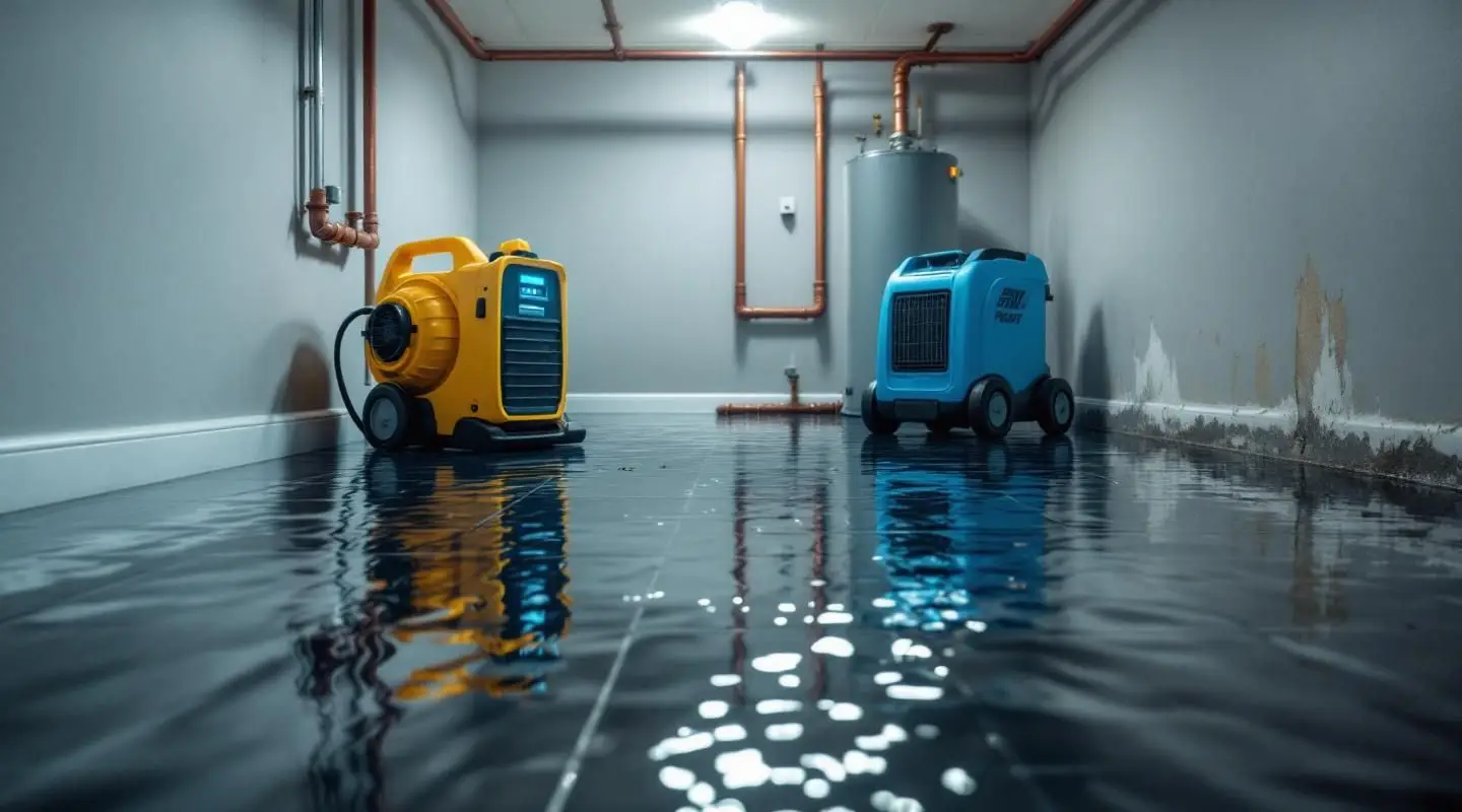 Eco Dry Restoration technician using water extraction equipment on a flooded hardwood floor in a Westminster residence.