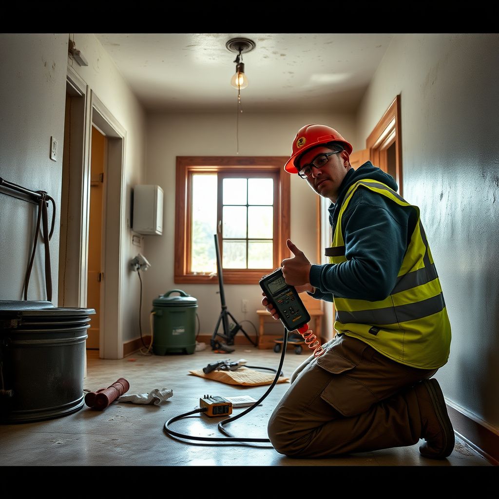 An Eco Dry Restoration technician using an infrared thermal imaging camera to detect hidden moisture behind a drywall wall