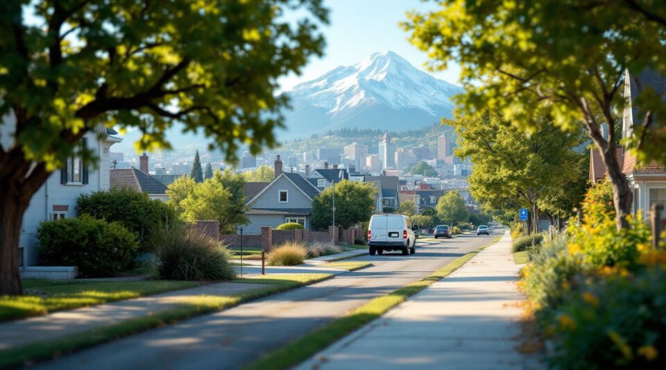 A service vehicle parked on a residential street in Denver's Capitol Hill neighborhood during a crisp autumn morning.