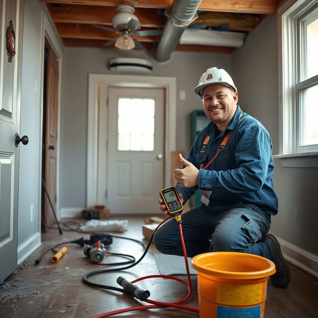 An IICRC-certified technician using a moisture meter to check for hidden water damage behind a drywall wall in a Westminster home.