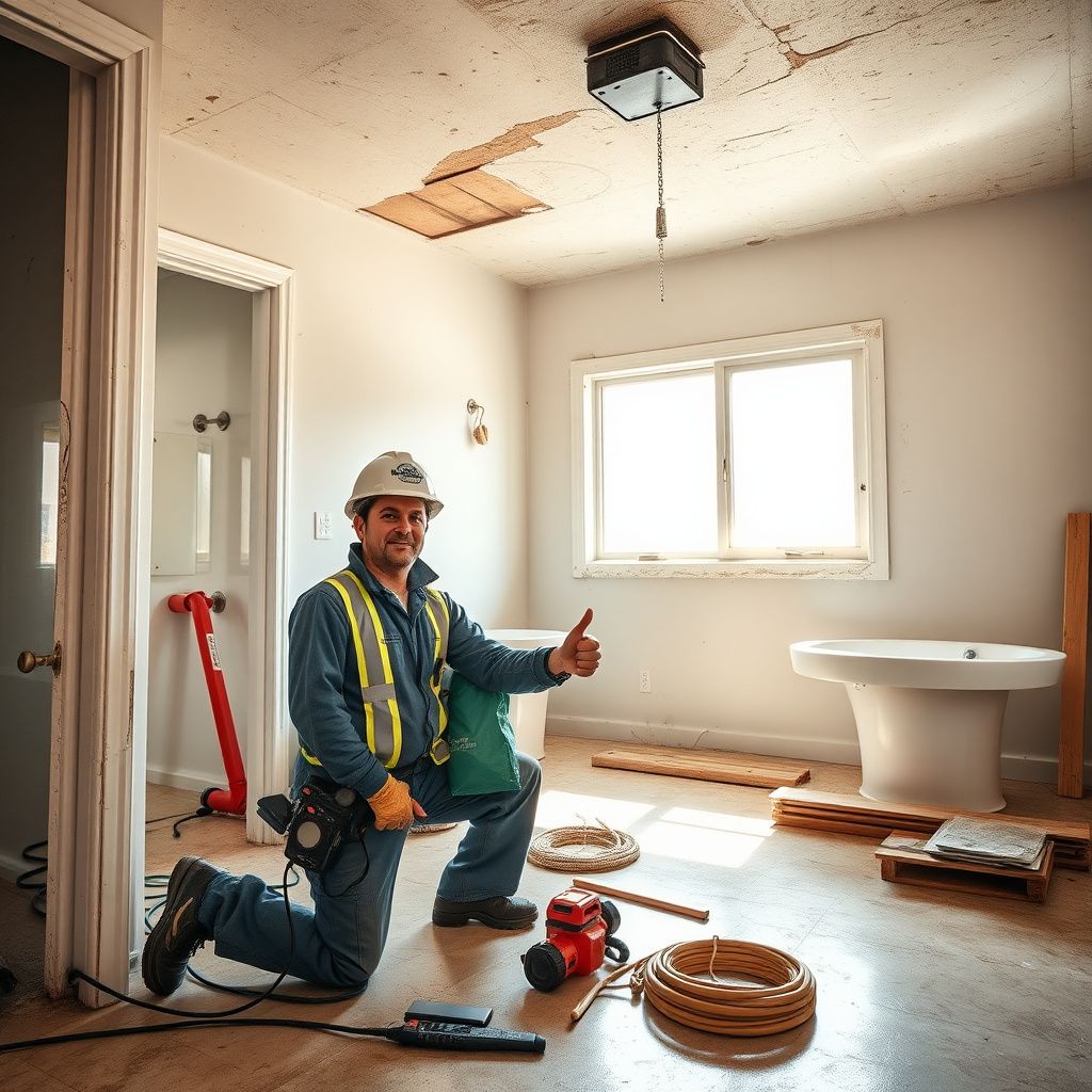 An Eco Dry Restoration technician using a moisture meter to inspect a drywall wall in a Lakewood home.