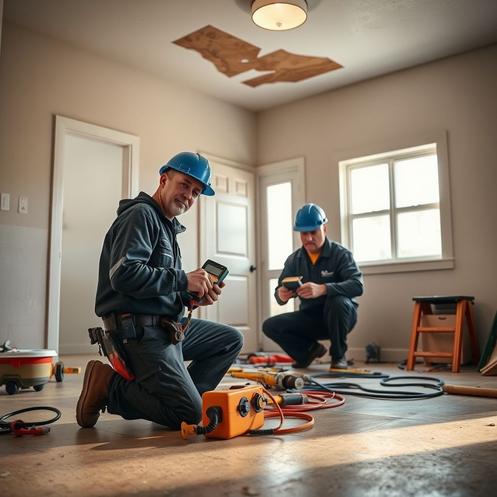 Industrial air movers and a commercial dehumidifier drying a finished basement in Arvada.