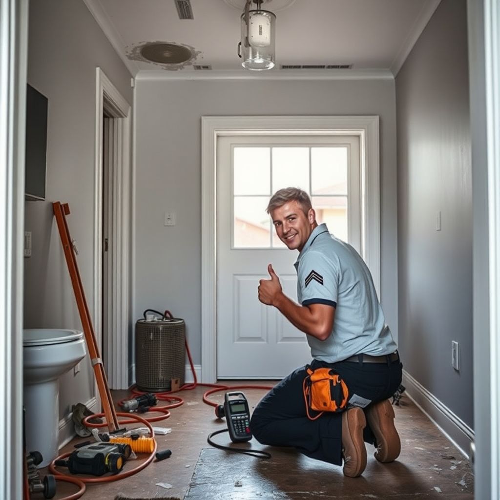 A technician using a moisture meter to check for hidden dampness behind drywall in a Denver basement.
