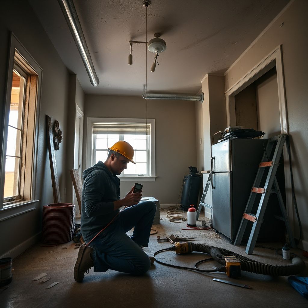 An Eco Dry Restoration technician using a moisture meter to check a drywall wall in a Lafayette home.