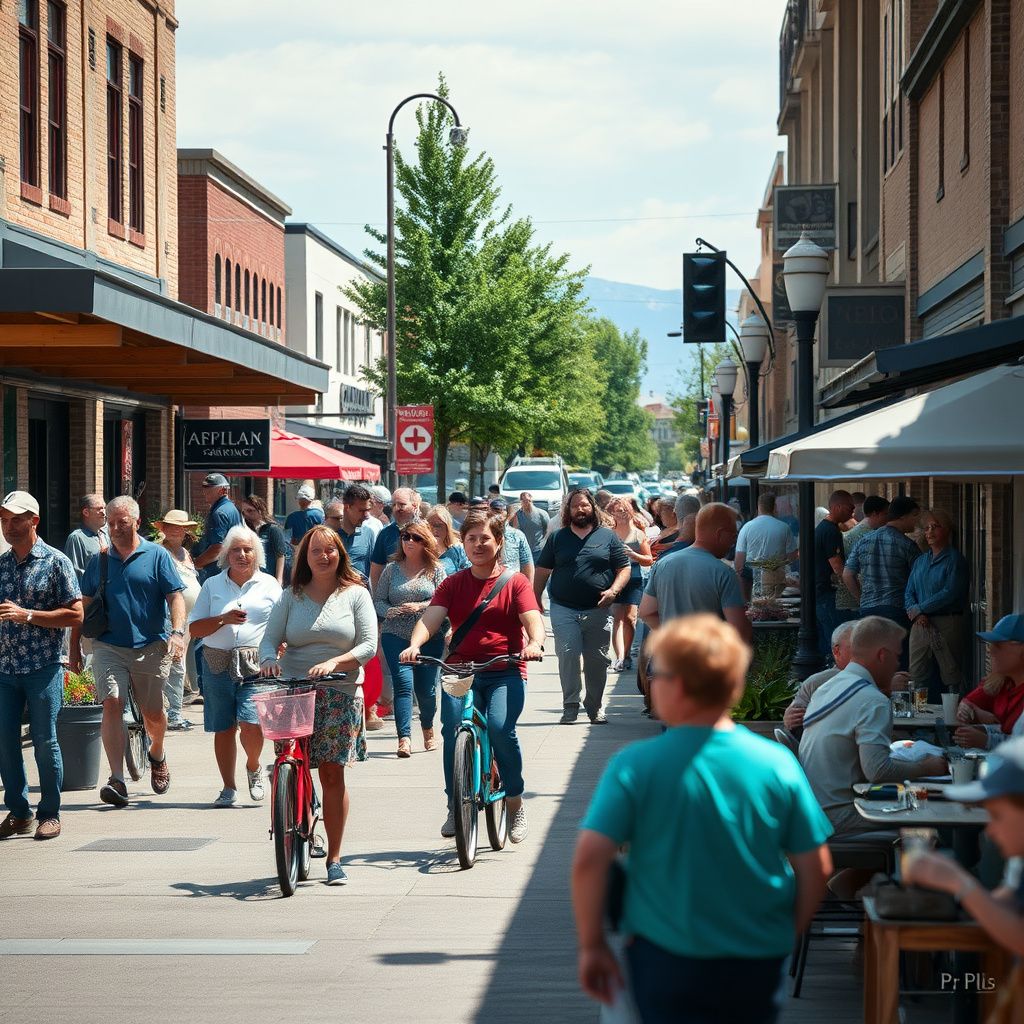 A scenic view of historic Old Town Lafayette, Colorado, showing traditional storefronts and residential streets under a clear blue sky.