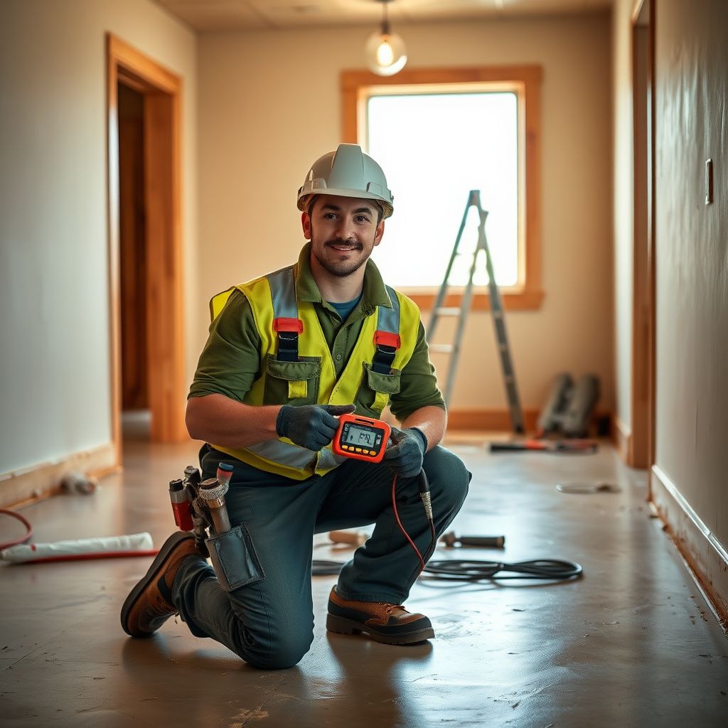 An IICRC-certified technician using a thermal imaging camera to detect moisture behind drywall in a Broomfield home.